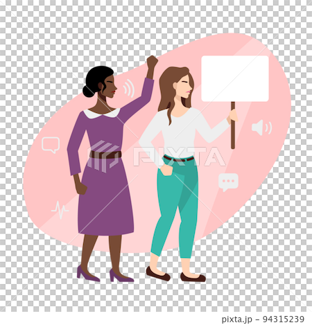 Women with a poster in hand. Women protest for their rights and feminism. Vector illustration in flat cartoon style. Women with a poster in hand. Women protest for their rights and feminism. Vector illustration in flat cartoon style. 94315239