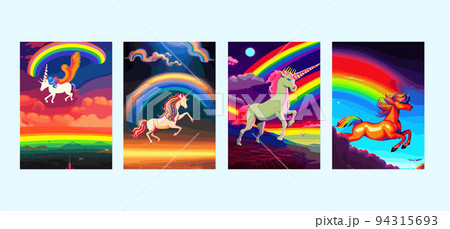 Magical cute unicorn flying in the clouds cartoon style web landing page, flyer, sticker, card Fairy tale vector illustration. Unicorn flies clouds rainbow fantasy cartoon set four vertical posters Magical cute unicorn flying in the clouds cartoon style web landing page, flyer, sticker, card Fairy tale vector illustration. Unicorn flies clouds rainbow fantasy cartoon set four vertical posters 94315693
