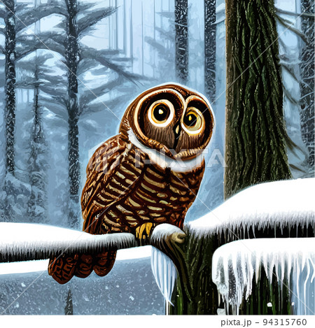 Scandinavian Christmas illustration with a wise forest owl in the snow. forests and snowflakes on a dark gray background. Winter card with cute owl. birds in the winter forest Scandinavian Christmas illustration with a wise forest owl in the snow. forests and snowflakes on a dark gray background. Winter card with cute owl. birds in the winter forest 94315760