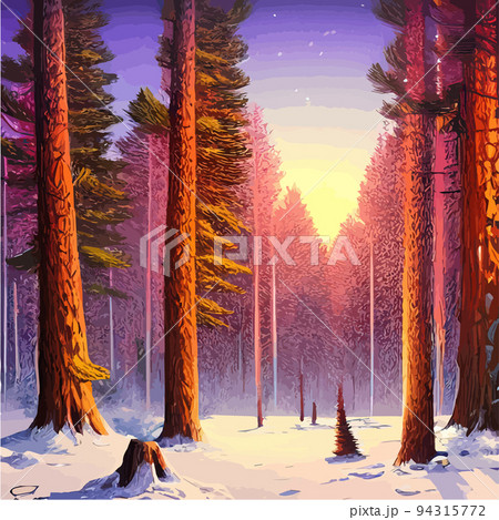 Vector blue landscape with silhouettes of trees in a foggy forest. Snow falls in the winter forest. winter background with rows firs, snowfall. Peaceful winter landscape in shades of blue, copy space 94315772