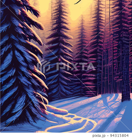 Vector blue landscape with silhouettes of trees in a foggy forest. Snow falls in the winter forest. winter background with rows firs, snowfall. Peaceful winter landscape in shades of blue, copy space Vector blue landscape with silhouettes of trees in a foggy forest. Snow falls in the winter forest. winter background with rows firs, snowfall. Peaceful winter landscape in shades of blue, copy space 94315804