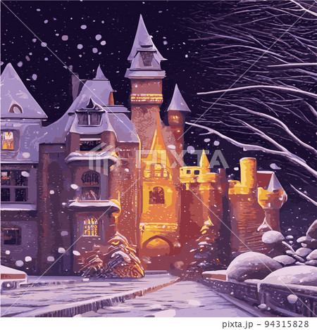 Castle background winter snowy forest. Snow, snowflakes. Night, moon. Winter landscape. Vector illustration kids with fairy tale castle winter landscape snowy weather with snowfall. mysterious castle Castle background winter snowy forest. Snow, snowflakes. Night, moon. Winter landscape. Vector illustration kids with fairy tale castle winter landscape snowy weather with snowfall. mysterious castle 94315828