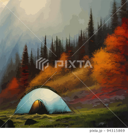 vintage vector landscape illustration autumn with colorful trees mountain blue cloudy sky with big mountains. survival wild, hunting, camping, travel. Mountain landscape. Passion for weirdness. 94315869