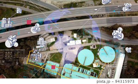 Drone shot of a big biological wastewater treatment plant.Environmental technology concept. Sustainable development goals. SDGs. High quality photo Drone shot of a big biological wastewater treatment plant.Environmental technology concept. Sustainable development goals. SDGs. High quality photo 94315973