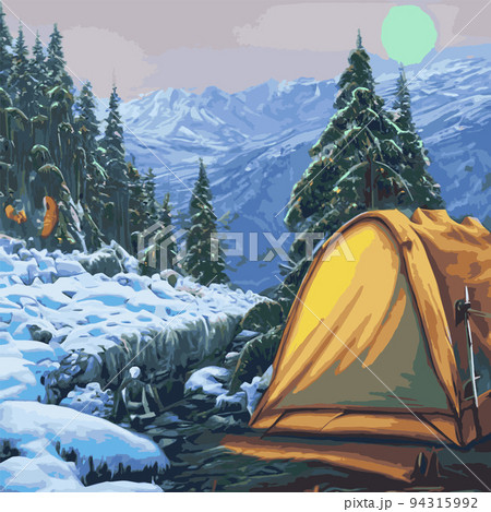 Camping tents in forest winter camp concept sunny day sunrise Snow landscape nature background with water mountains and hills flat horizontal Camping tents in forest winter camp concept sunny day sunrise Snow landscape nature background with water mountains and hills flat horizontal 94315992
