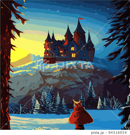 Castle background winter snowy forest. Snow, snowflakes. Night, moon. Winter landscape. Vector illustration kids with fairy tale castle winter landscape snowy weather with snowfall. mysterious castle 94316054