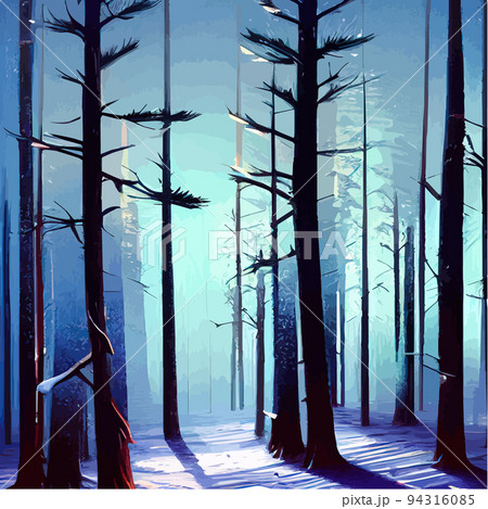 Vector blue landscape with silhouettes of trees in a foggy forest. Snow falls in the winter forest. winter background with rows firs, snowfall. Peaceful winter landscape in shades of blue, copy space Vector blue landscape with silhouettes of trees in a foggy forest. Snow falls in the winter forest. winter background with rows firs, snowfall. Peaceful winter landscape in shades of blue, copy space 94316085