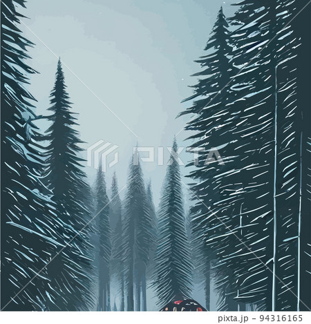 Vector blue landscape with silhouettes of trees in a foggy forest. Snow falls in the winter forest. winter background with rows firs, snowfall. Peaceful winter landscape in shades of blue, copy space 94316165