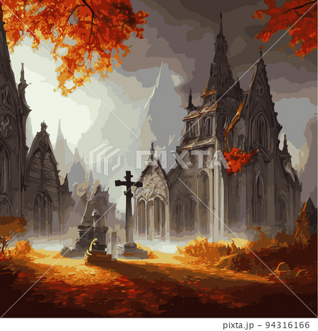 Catholic church vector illustration in gothic style in autumn forest. Vector freehand drawing in vintage style. Old church, trees, forest. Concept for halloween holiday. Catholic church vector illustration in gothic style in autumn forest. Vector freehand drawing in vintage style. Old church, trees, forest. Concept for halloween holiday. 94316166