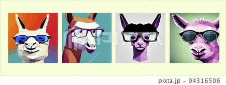 Cheerful llama with glasses pastel background pop geometric art. Cute alpaca llamas with glasses, hand drawn cartoon poster. Vector illustration design for cards, posters, t-shirts, invitations set 94316506