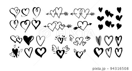 Hand drawn hearts with little wings and pierced with arrow. Symbol of love. Doodle style Valentine's day illustration. Vector. 94316508