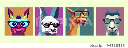 Cheerful llama with glasses pastel background pop geometric art. Cute alpaca llamas with glasses, hand drawn cartoon poster. Vector illustration design for cards, posters, t-shirts, invitations set 94316516