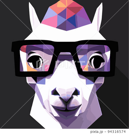 Cheerful llama with glasses pastel background pop geometric art. Humorous postcard, t-shirt composition, hand drawn style print. polygon vector illustration. Funny poster. Portrait llama 94316574
