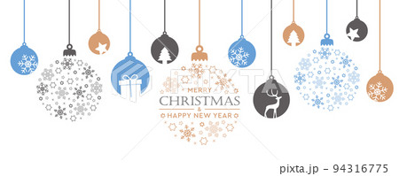 merry christmas card with hanging ball decoration 94316775