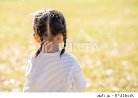 秋の公園の芝生広場で遊ぶ女の子の後姿 94316936
