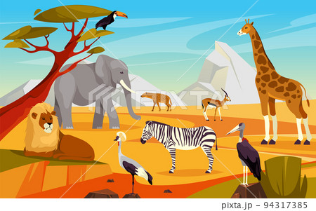 African scape with exotic animals, vector banner 94317385