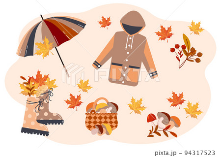 Raincoat, rubber boots, a basket with mushrooms and an umbrella on a background with autumn leaves and rowan. Autumn vector set, illustration 94317523