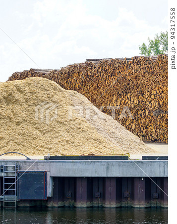 a large pile of wood chips and a huge ridge of logs in the port area 94317558