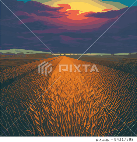 Vector wheat field. Flake ears. Rural landscape panorama. Hand drawn yellow watercolor illustration. Countryside engraving. ole wheat on the summer hills and distant in the background. trees, plants, 94317598