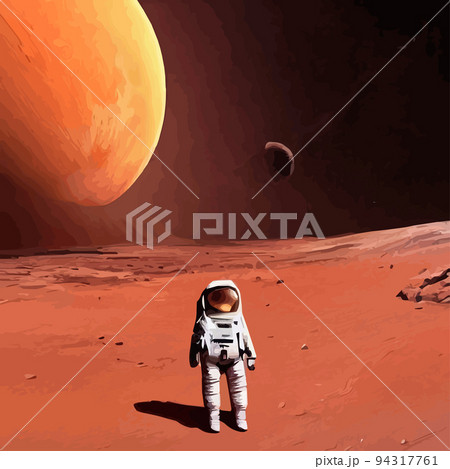 Astronaut explores space being desert mars. Astronaut space suit performing extra-cosmic activity space against stars and planets background. Human space flight. Modern colorful vector illustration  Astronaut explores space being desert mars. Astronaut space suit performing extra-cosmic activity space against stars and planets background. Human space flight. Modern colorful vector illustration  94317761