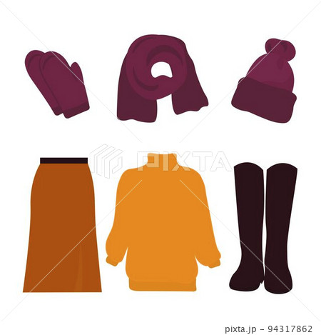Autumn wardrobe. Warm knitted women's clothing. Wardrobe set vector stock illustration. Isolated on a white background. Hat, scarf, boots, sweater, skirt, mittens. 94317862