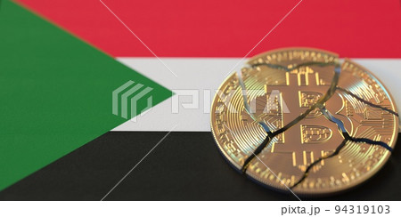 Broken bitcoin on the flag of Sudan. Legal issues and cryptocurrency regulations problems concepts, 3d rendering 94319103