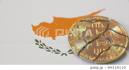 Flag of Cyprus and destroyed bitcoin. Cryptocurrency ban or restrictions related 3d rendering Flag of Cyprus and destroyed bitcoin. Cryptocurrency ban or restrictions related 3d rendering 94319110