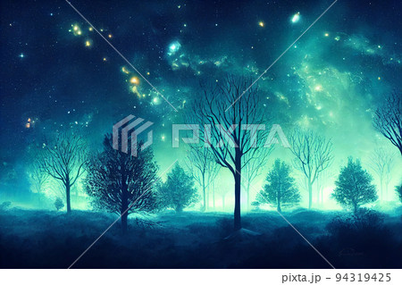 Fantasy of neon forest. Glowing colorful look like fairytale. 2D Illustration. 94319425