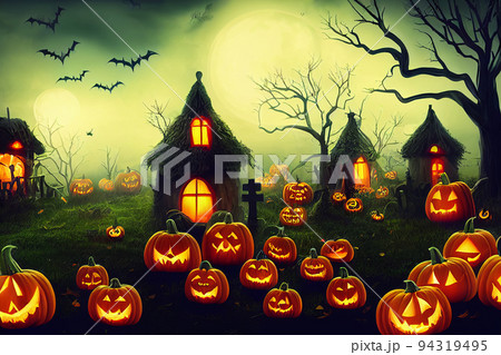 Halloween pumpkins in graveyard on the spooky Night. Halloween background concept. 94319495