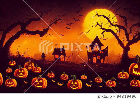 Halloween pumpkins in graveyard on the spooky Night. Halloween background concept. 94319496
