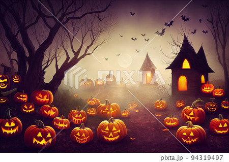 Halloween pumpkins in graveyard on the spooky Night. Halloween background concept. Halloween pumpkins in graveyard on the spooky Night. Halloween background concept. 94319497