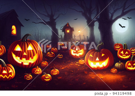 Halloween pumpkins in graveyard on the spooky Night. Halloween background concept. 94319498