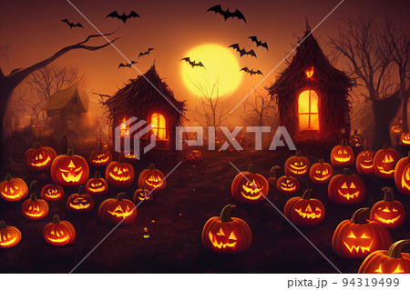 Halloween pumpkins in graveyard on the spooky Night. Halloween background concept. Halloween pumpkins in graveyard on the spooky Night. Halloween background concept. 94319499