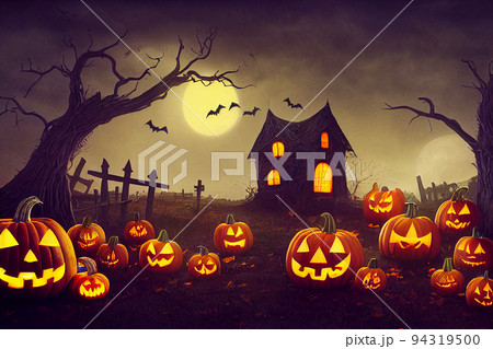 Halloween pumpkins in graveyard on the spooky Night. Halloween background concept. 94319500