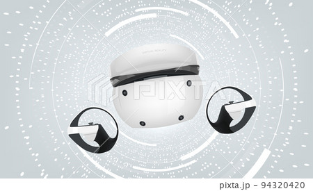 Virtual reality headset and controllers for gaming. VR helmet. Metaverse technology concept. Virtual reality headset and controllers for gaming. VR helmet. Metaverse technology concept. 94320420