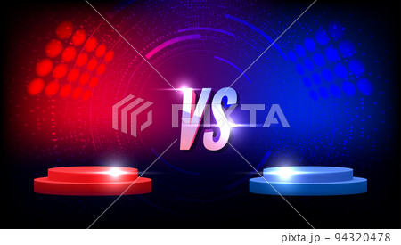 Versus VS sign with blue and red empty podiums or pedestals, glow sparks and smoke on black background. Sport confrontation, martial arts combat, fight competition or challenge vector. Versus VS sign with blue and red empty podiums or pedestals, glow sparks and smoke on black background. Sport confrontation, martial arts combat, fight competition or challenge vector. 94320478