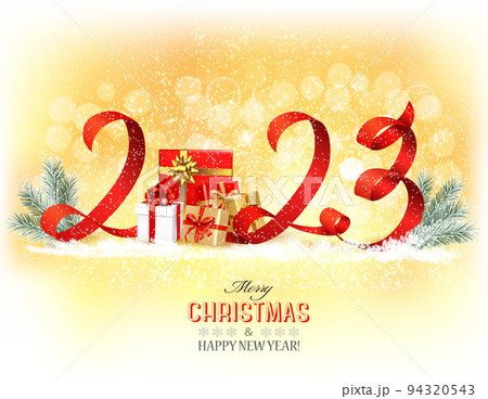 Happy New Year and Christmas holiday background with a 2023 and gift boxes and ribbons. Vector. 94320543