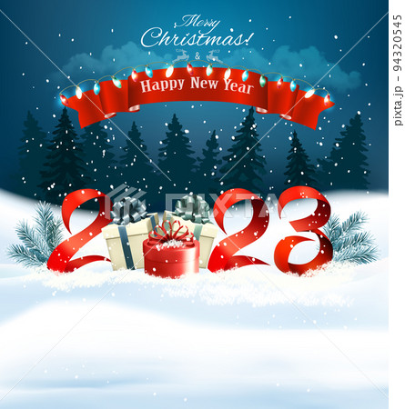2023 Happy New Year and Merry Christmas holiday background with gift boxes and colorful garland. Vector. 2023 Happy New Year and Merry Christmas holiday background with gift boxes and colorful garland. Vector. 94320545