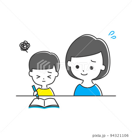 宿題をする子どもと見守る女性 / 家庭学習をする親子 Aのイラスト素材 [94321106] - PIXTA