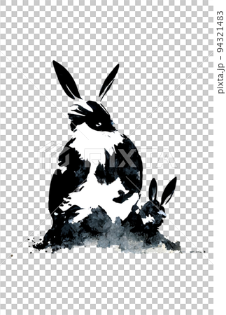 イラスト素材:2023年 年賀状 卯年 クールなうさぎの手書き墨絵イラスト