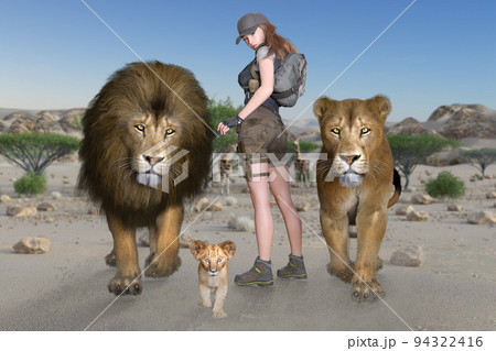 アフリカの動物管理官の女性と野生のライオンの親子 アフリカの動物管理官の女性と野生のライオンの親子 94322416