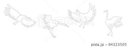 4羽の鶴の線画イラストセット　線のみ、塗りなし 94323505