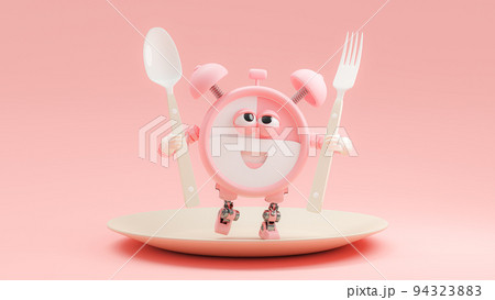 Pink alarm clock robot holding spoon and fork standing on cream color plate. Pink alarm clock robot holding spoon and fork standing on cream color plate. 94323883