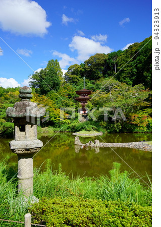 浄瑠璃寺の境内・石灯籠と中島・三重塔 94323913