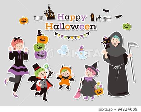 ハロウィンの仮装を楽しむ家族のイラストセット 94324009