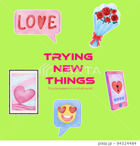 Sticker template with VR Dating concept,watercolor style Sticker template with VR Dating concept,watercolor style 94324484