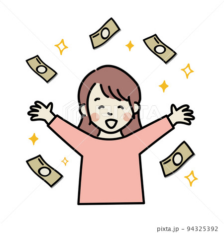 バンザイで喜ぶ女性　お金 94325392
