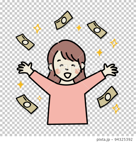 バンザイで喜ぶ女性　お金 94325392
