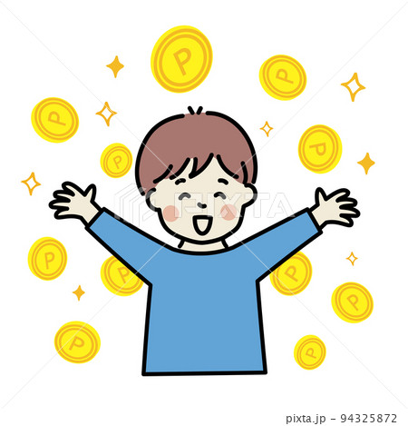 コイン　ポイント　バンザイで喜ぶ男性 94325872