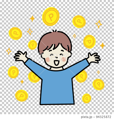 A man happy with a coin point banzai A man happy with a coin point banzai 94325872